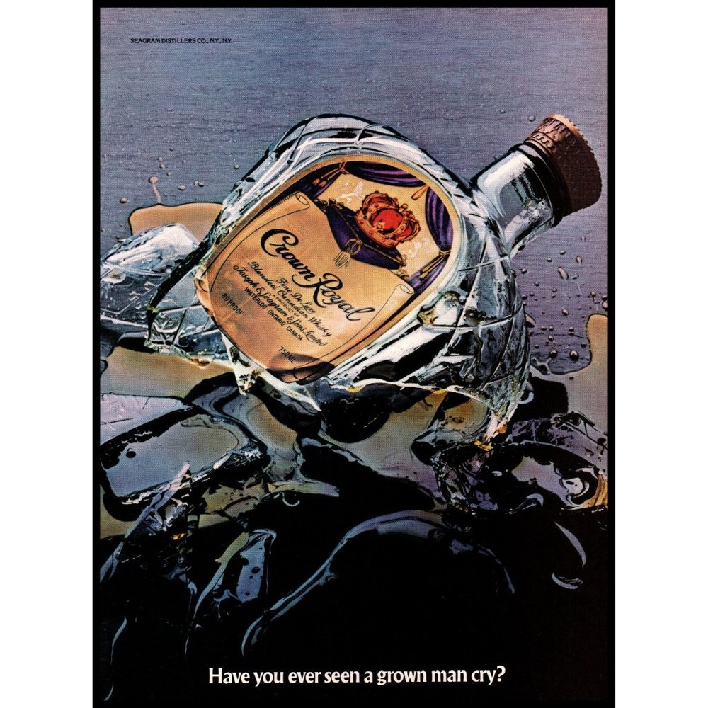 1985 Crown Royal Broken Bottle Vintage Print Ad Seen a Grown Man Cry Wall Art